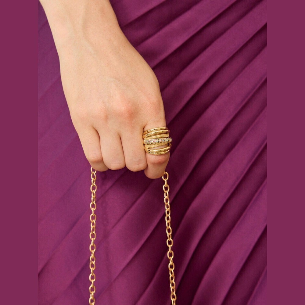 Gold Multi Row Ridged Band Rainbow Pave Rhinestone Wrap Cocktail Ring
